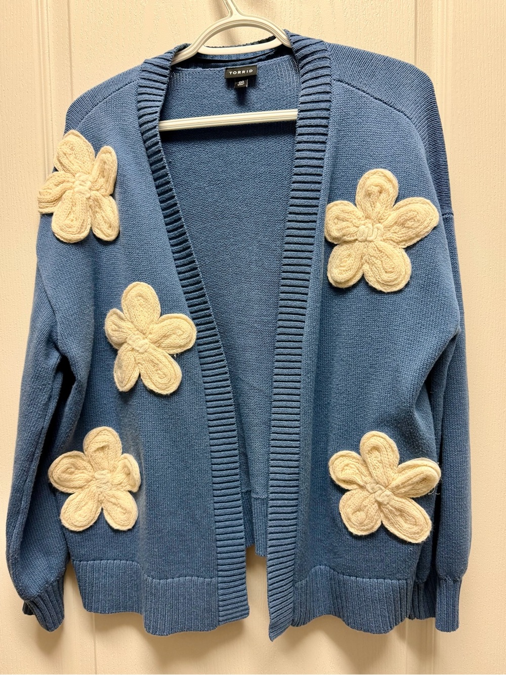 torrid Blue Open-Front Cardigan with Cream Flower Appliqués